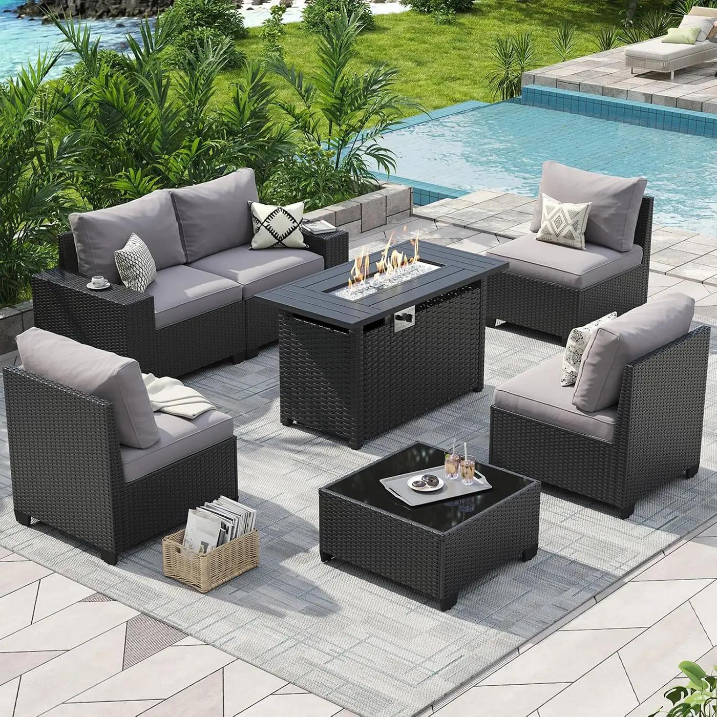 Aoxun Outdoor Patio Furniture Set with 44'' Fire Pit Table, 7 Pcs Outdoor Sectional with 4in Thicken Cushion, Widen Armrests Wicker for Backyard, Grey Recycled Claim Standard Blended