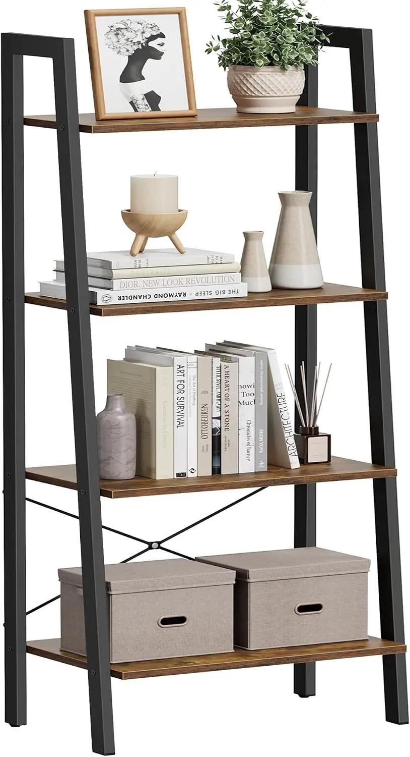 VASAGLE Ladder Shelf, 4-Tier Bookshelf, Storage Rack, Bookcase with Steel Frame, for Living Room, Home Office, Kitchen, Bedroom, Industrial Style, Rustic Brown and Ink Black ULLS44X The Forest Stewardship Council