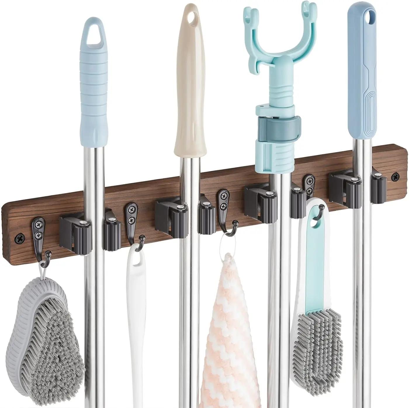 OUTNILI Mop and Broom Holder Wall Mount - Wood Broom Mop Hanger - Wall Mounted Garden Tool Rack Organizer for Closet Garage Laundry Room, Rustic Kitchen Decor With 4 Slots &amp; 4 Hooks