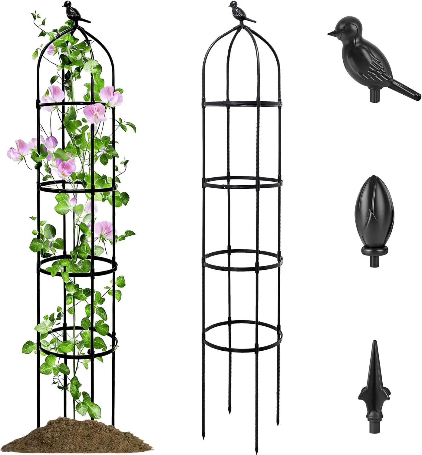 1 Pack Garden Obelisk Trellis for Climbing Plants Outdoor, 6FT Adjustable Metal Plant Support with 3 Decorative Tops, Black Rustproof Trellis for Roses, Tomatoes, Clematis &amp; Vines