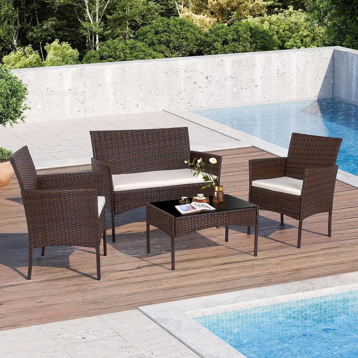 Shintenchi 4 Piece Outdoor Patio Furniture Set, Wicker Rattan Patio Conversation Set, Outdoor Chairs and Loveseat with Coffee Table for Porch, Yard &amp; Poolside (Brown)