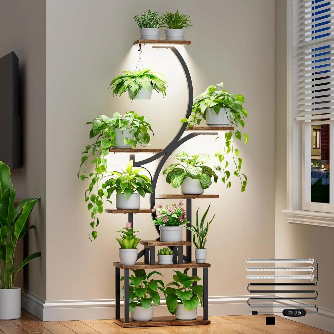 Plant Stand Indoor with Grow Lights - 62" Tall Plant Shelf, Lighted Corner Plant Stands for Indoor Growing, 8 Tiered Large Flower Holder, S-Shaped Decorative Rack for Living Room, Patent Design, Brown