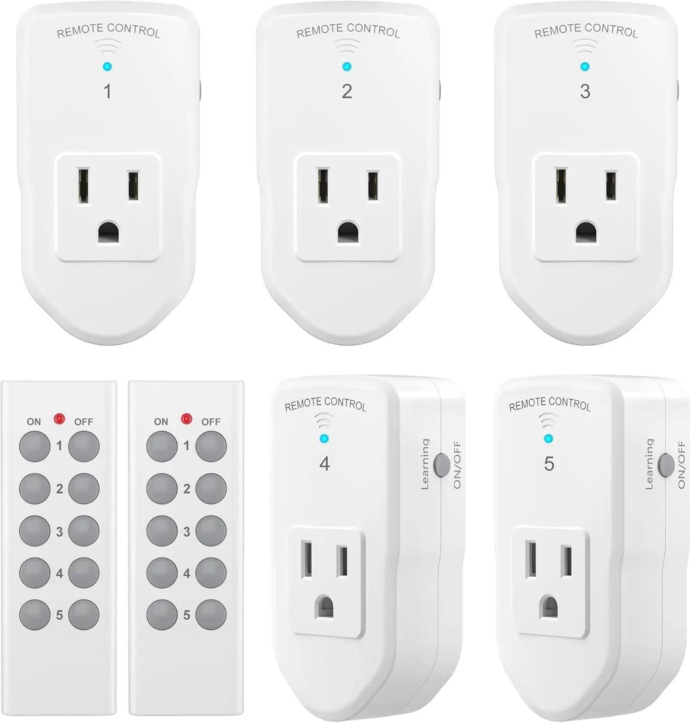 BN-LINK Wireless Remote Control Outlet Electrical Switch for Lights, Fans, Christmas Lights, Small Appliance, 100ft Long Range White (Learning Code, 5Rx-2Tx) 1200W/10A, ETL &amp; FCC Certified Global Recycled Standard