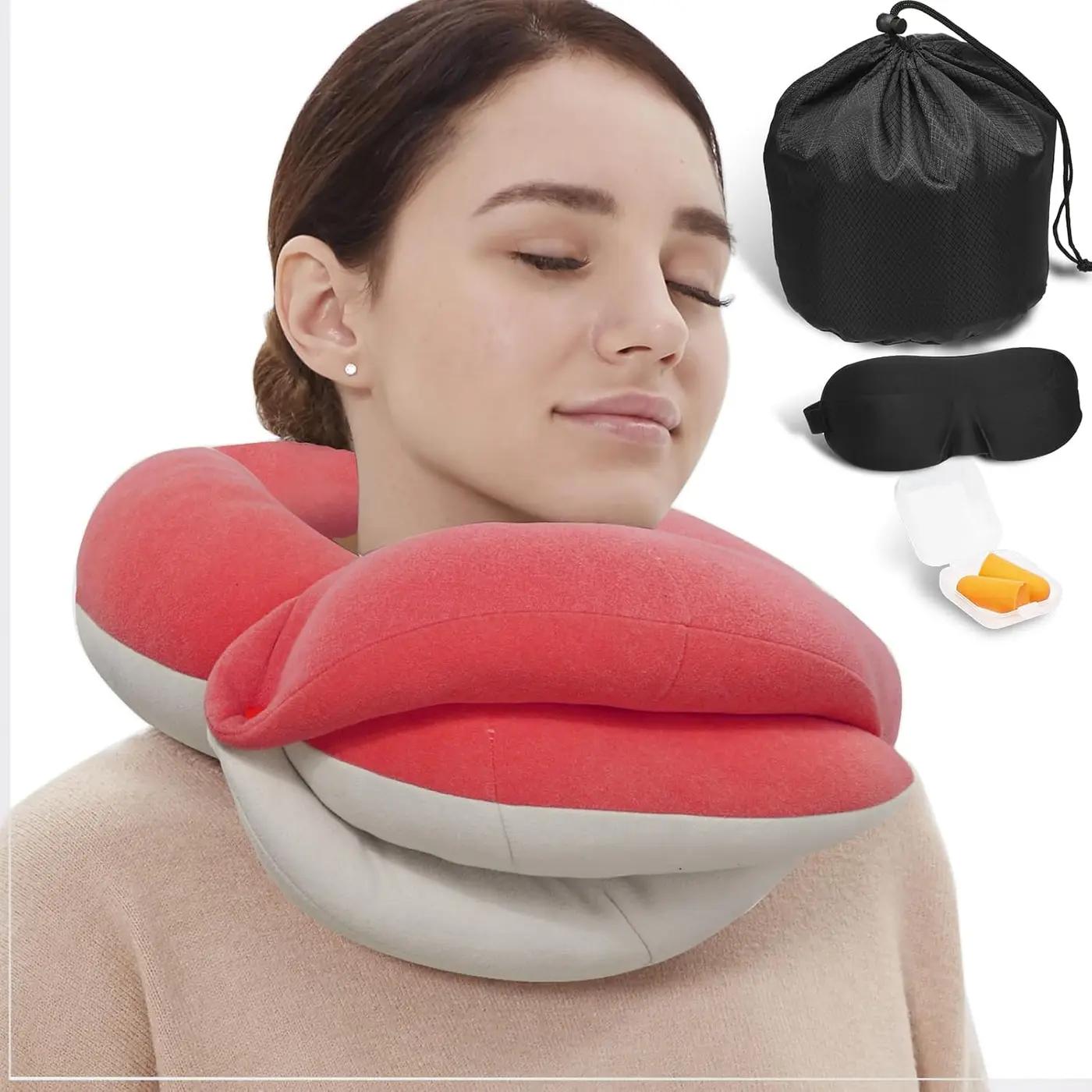 BUYUE Travel Neck Pillows for Airplanes, 360° Head Support Sleep for Long Flight, Skin-Friendly &amp; Breathable, Kit with 3D Contoured Eye Mask, Earplugs and Storage Bag (Adult, Pink, 90+ lbs) OEKO-TEX STANDARD 100