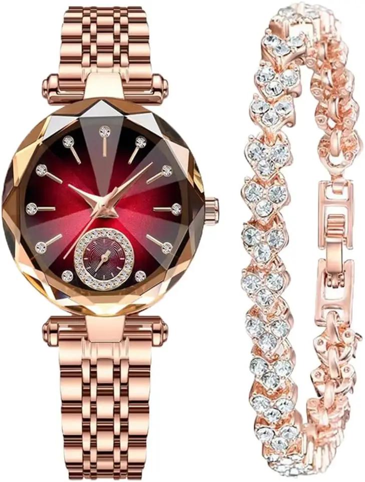 Reginald Women Watches with Bracelet Rose Gold for Lady Elegant Stainless Steel Strap Fashion Analog Creative Diamond Dial Wrist Watch