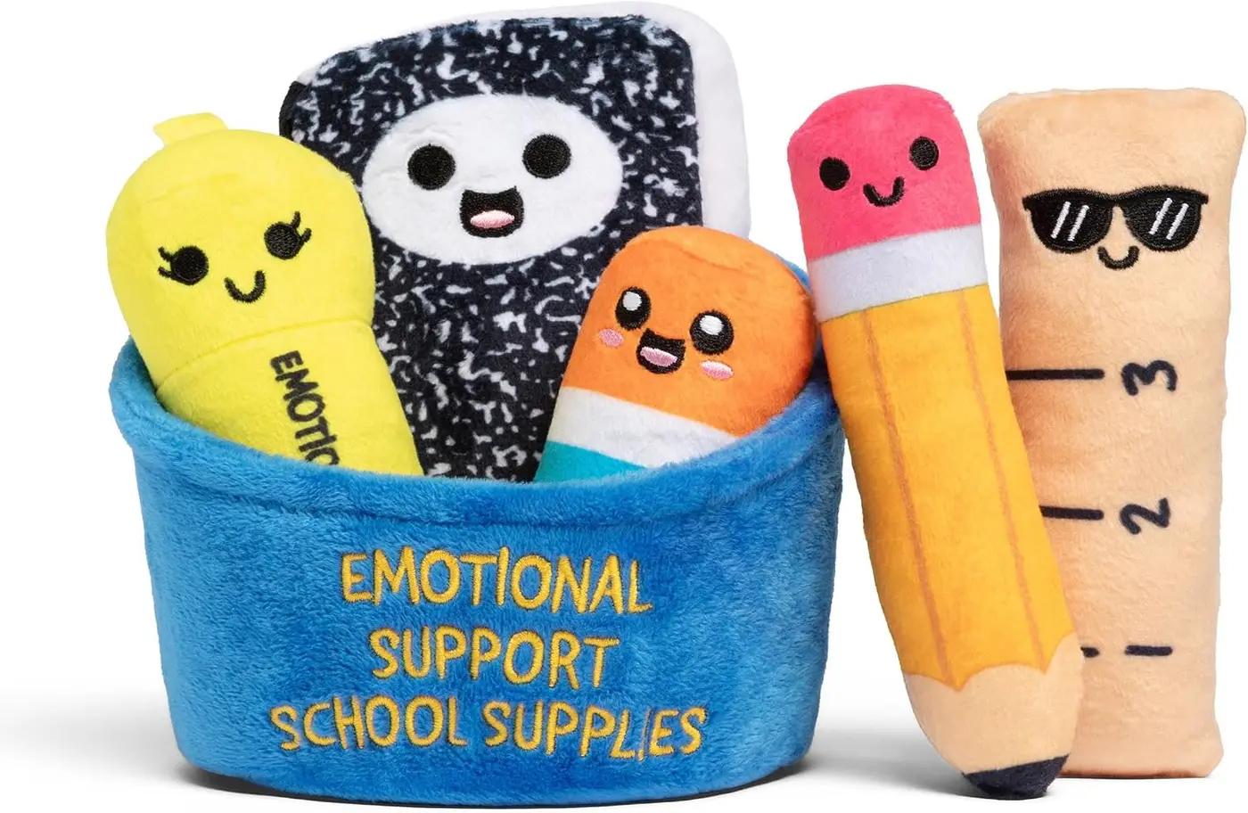 Emotional Support School Supplies Plush by Relatable - Cute Stuffed Animals and Squishy Toys, Fun Gift Ideas for All Ages, and Your Favorite Teacher - Includes 5 Plushies with Carrying Basket