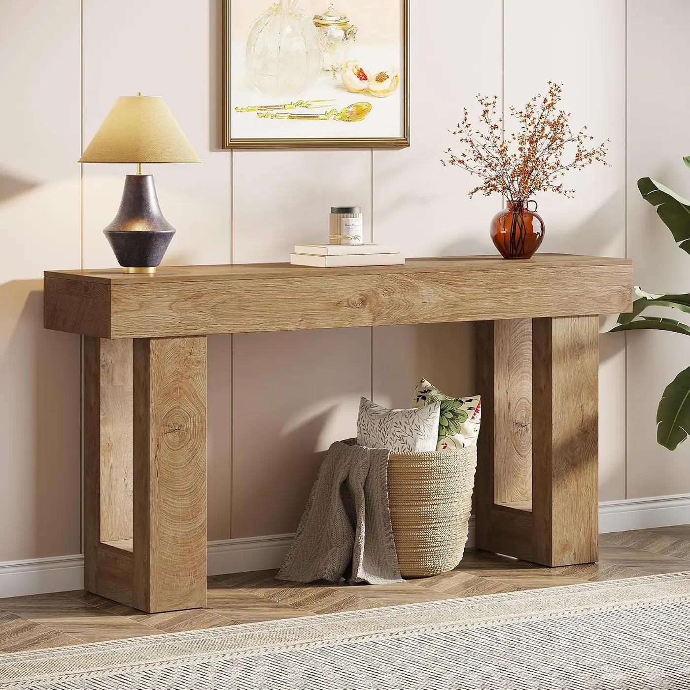 Tribesigns 63-Inch Long Console Table, Wooden Rectangular Sofa Table Behind The Couch, Farmhouse Entryway Table for Entrance, Hallway, Living Room (Natural)