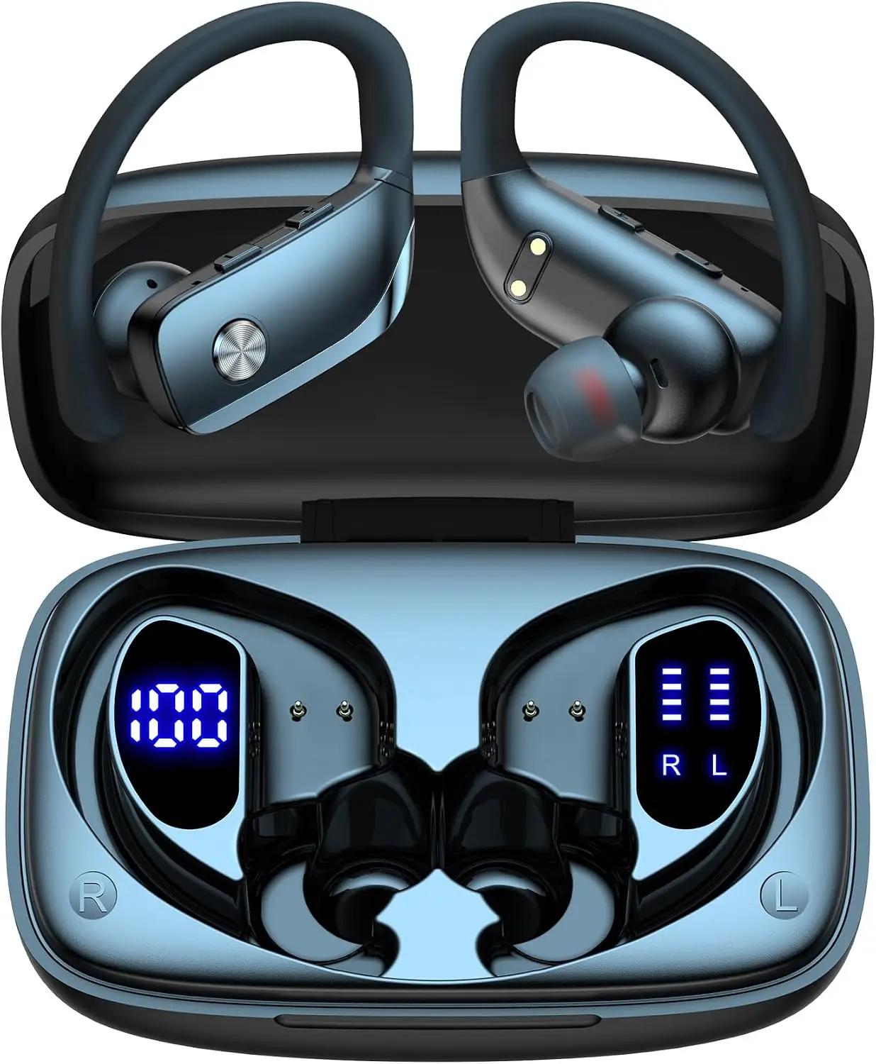 bmani Ear Buds Wireless Earbuds Bluetooth Headphones with 80H Playtime LED Display Case, Over-Ear Hook with Mic, Stereo Sound, Easy Button Controls, Sports Earphones for Running Workout Gym Black Global Recycled Standard