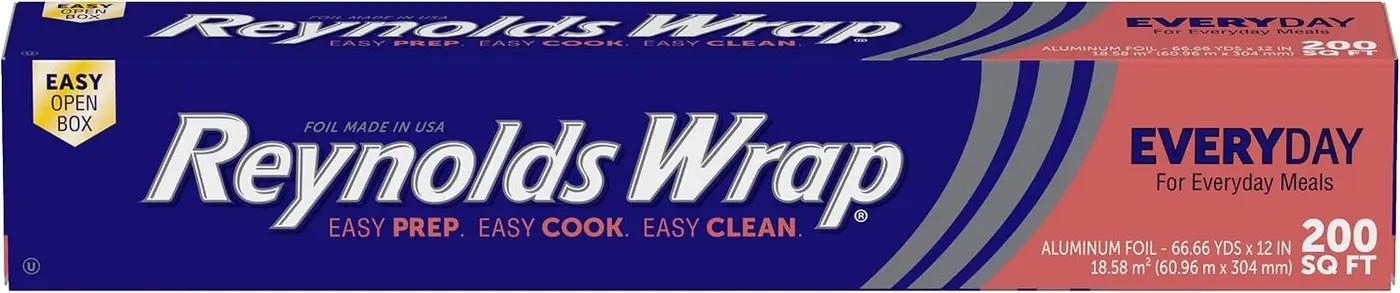 Reynolds Wrap Everyday Strength Aluminum Foil Roll, Freezer and Grill Safe, Great for Foil Packets and Home Cooking, 12 Inches Wide, 200 Total Sq. Ft.