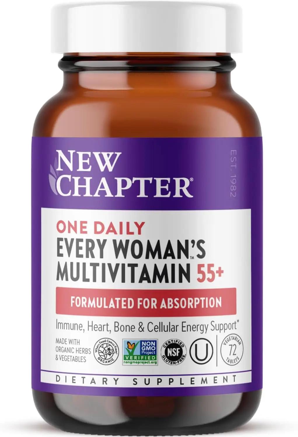 New Chapter Women’s Multivitamin 55+, Astaxanthin, B6, B12, D3, Vitamin C &amp; Zinc, Immune, Heart, Cellular Energy, and Bone Support, Gentle on The Stomach, One Daily, Non-GMO, Gluten-Free, 72 Tablets ClimeCo Certified
