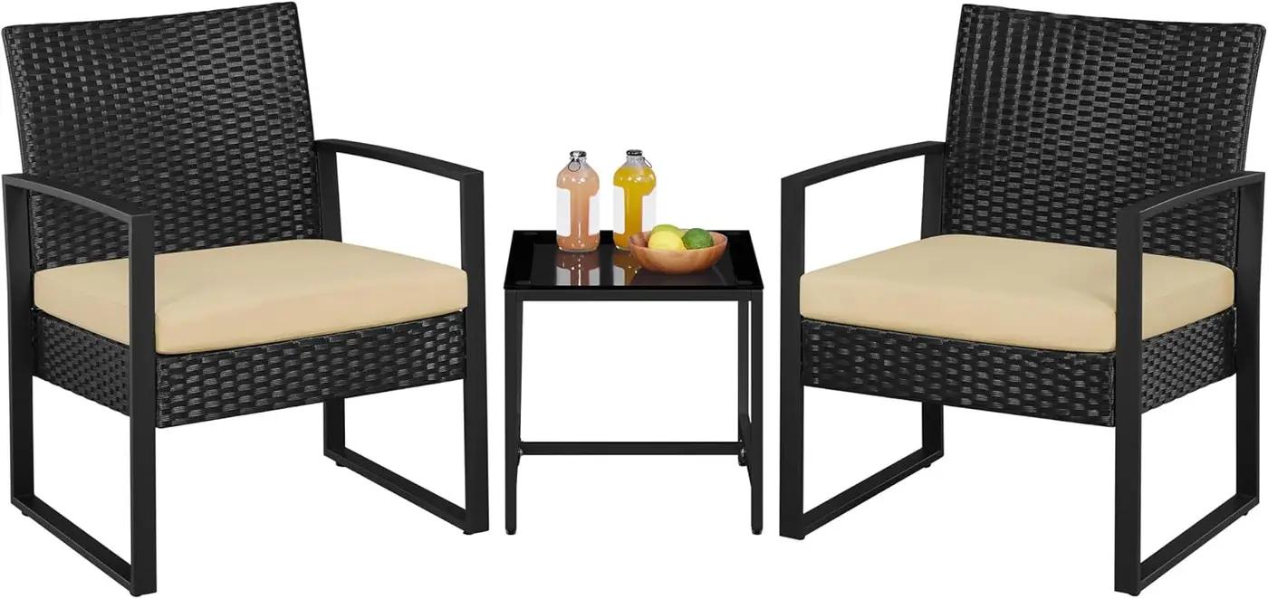 Yaheetech 3 Pieces Rattan Bistro Set, Indoor/Outdoor Wicker Patio Modern Conversation Furniture, 2 Chairs &amp; Tempered Glass Coffee Table for Garden, Balcony, Backyard, Poolside, Black/Khaki