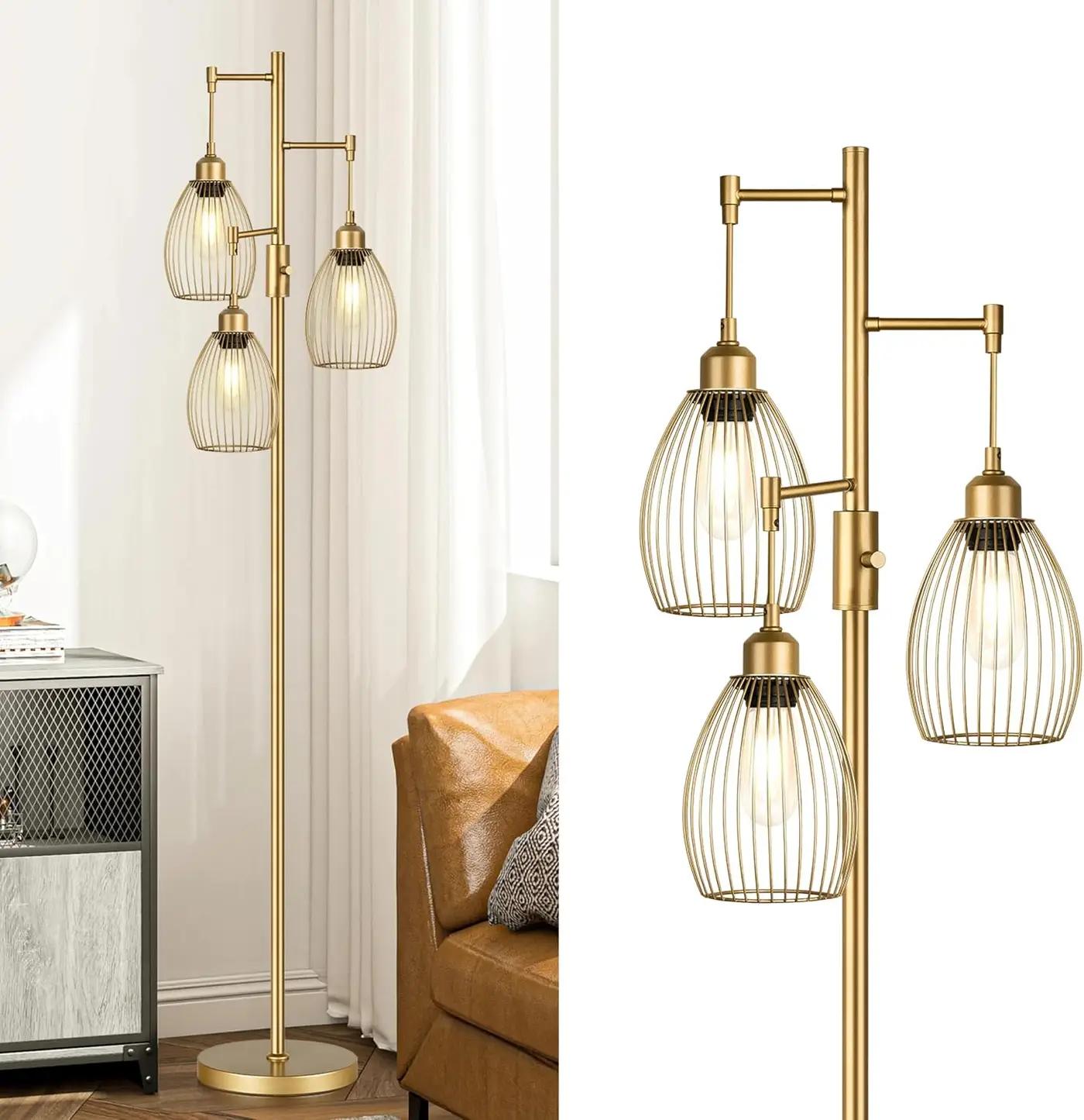 Dimmable Floor Lamp, Industrial Floor Lamps for Living Room, Gold Tree Lamp Standing Lamp Tall Lamps with 3 Elegant Teardrop Cage Head &amp; 800 Lumens LED Bulbs for Living room Bedroom Office Dining Room