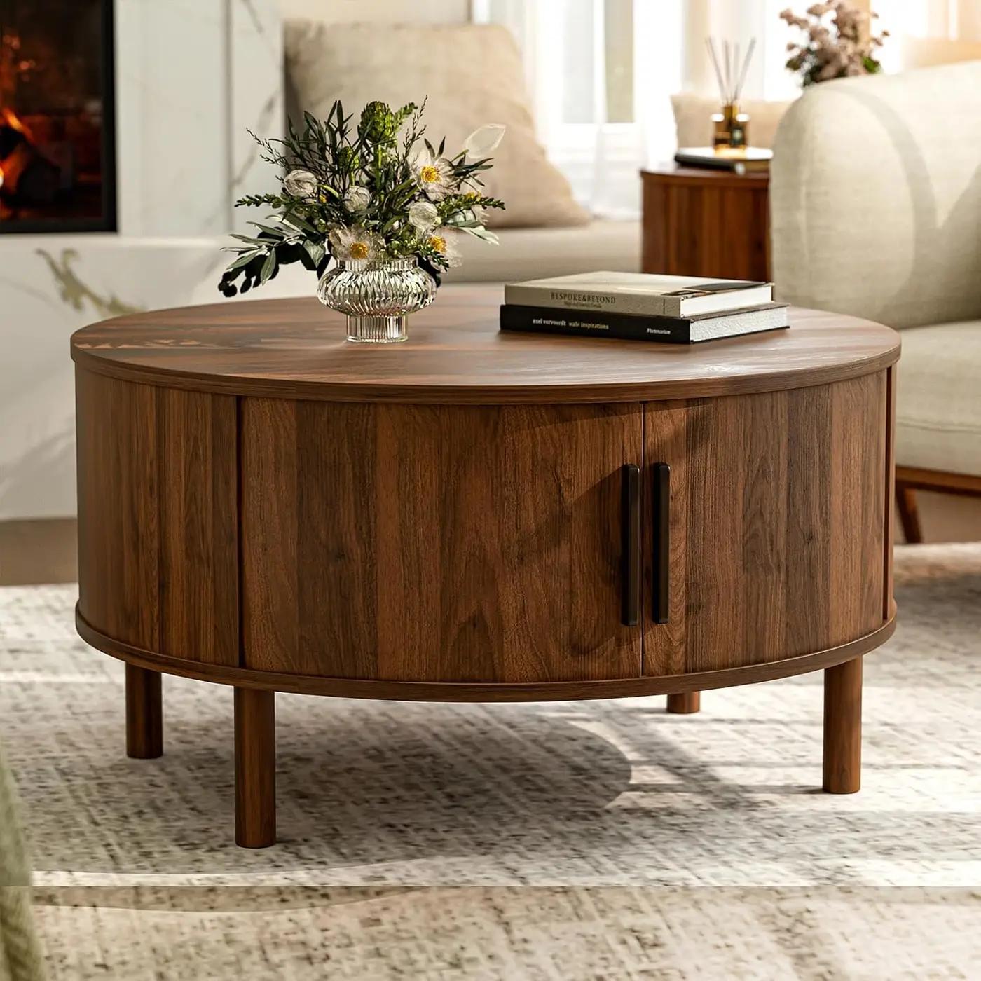 ZttRiee Coffee Table for Living Room, Modern Round Coffee Table with Cabinets &amp; Sliding Doors, Home Small Space, 29.9" Fluted Center Table, Walnut