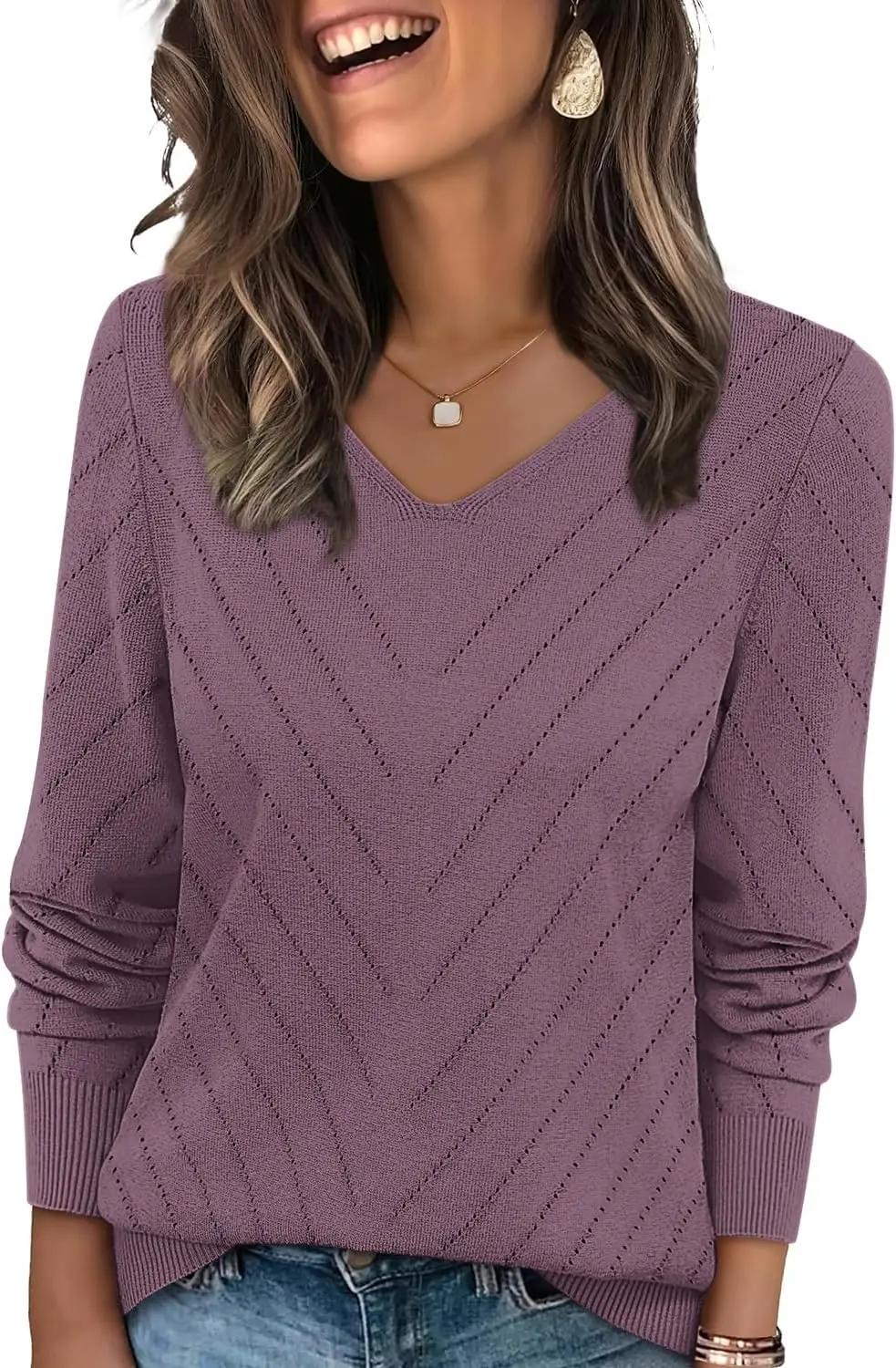WIHOLL Sweaters for Women V Neck Casual Knit Long Sleeve Tops Lightweight Pullover Clothes Fall Fashion Outfits 2026 OEKO-TEX STANDARD 100