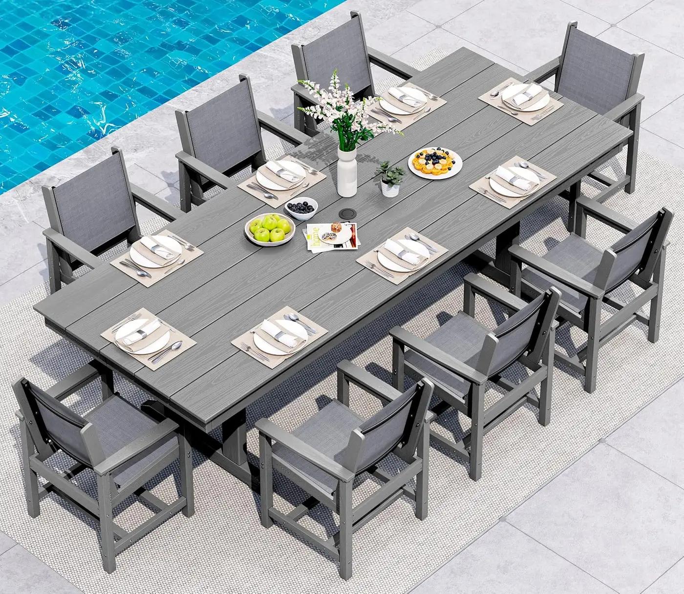 SERWALL 9 Piece Outdoor Dining Set, 84" HDPE Outdoor Large Table and Textilene Sling Chairs for 8，All Weather Patio Dining Furniture Set with Umbrella Hole for Backyard, Garden, Gray