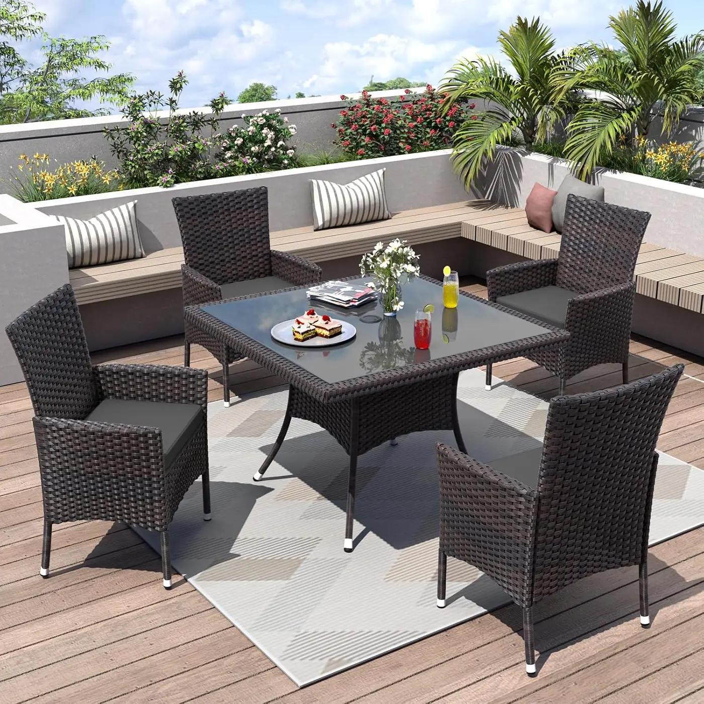 ALAULM 5 Piece Patio Dining Set All-Weather Wicker Outdoor Furniture Set w/Tempered Glass Tabletop, Removable Cushions and Umbrella Hole for Patio, Backyard, Garden, Poolside（Grey）