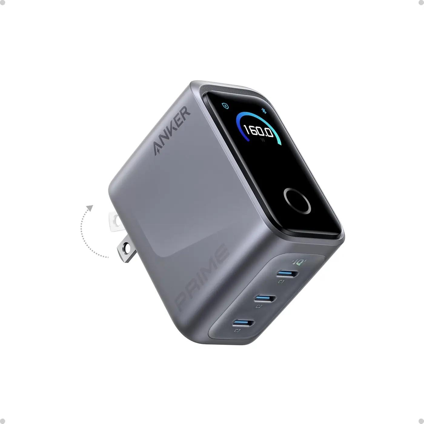 Anker Prime Charger,160W 3-Port Compact GaN USB C Charger Block,Smart Display and Touch Control,Up to 140W Single‑Port Charging,for MacBook Pro,Laptop,iPhone 17 Series(Cable Not Included,Non-Battery) ClimatePartner certified