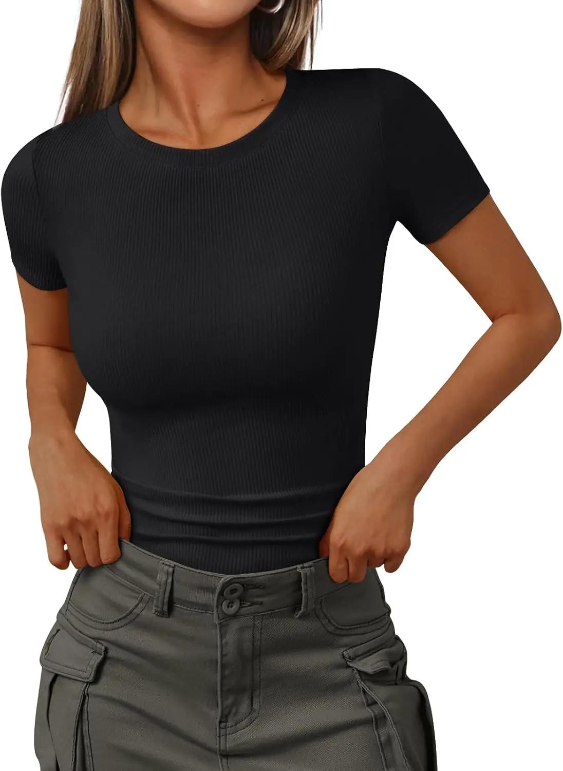 Trendy Queen Women's Crewneck Ribbed Knit Fitted T-Shirt OEKO-TEX STANDARD 100