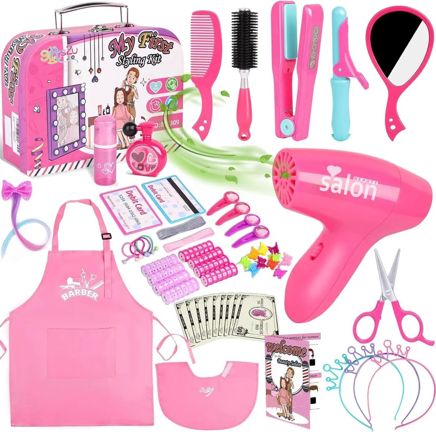 Gifts2U Hair Salon Toys for Girls, Girl Beauty Salon Playset Pretend Hair Styling Set with Blow Dryer, Barber Costume Apron, Scissors Styling Manu, Fake Money and Functional Stylist Accessories.