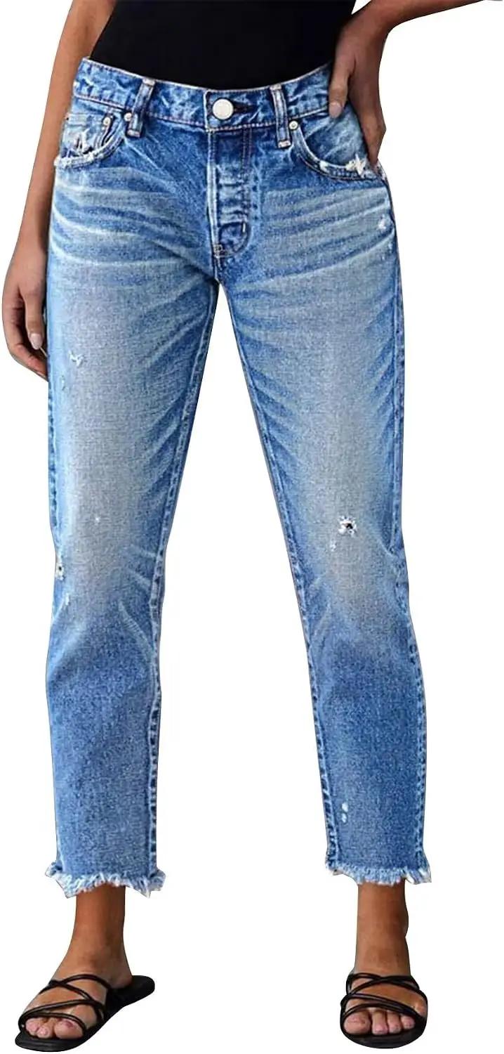Flamingals Skinny Leg Cropped Jeans for Women Mid Rise Stretchy Ripped Raw Hem Distressed Ankle Jeans Casual Denim Pants