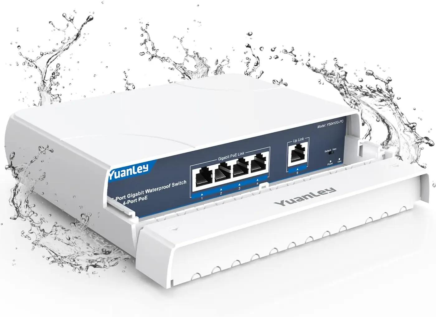 YuanLey 4-Port PoE Switch Gigabit- Waterproof Outdoor Ethernet Unmanaged Network Switch with VLAN Function, 78W Built-in Power, IEEE802.3af/at Support and Plug &amp; Play, Ideal for Outdoor Use