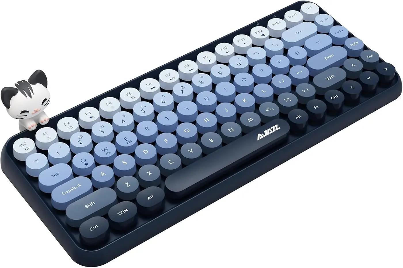 FELICON 308i Wireless Bluetooth Keyboard, Retro Typewriter Design with Gradient Colorful Round Keycaps and Cute Magnetic Cat Doll, 84 Keys, Multi Device Keyboard for iPad/Laptop/PC/Win/Mac(Blue)