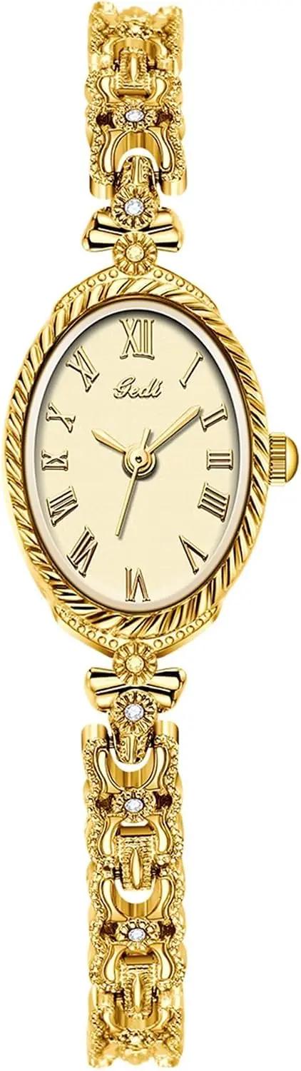 Gosasa Vintage Small Gold Watches for Women Dainty Oval Quartz Alloy Steel Bracelet Fashion Womens Dress Wristwatch Roman Numerals Numbers Waterproof