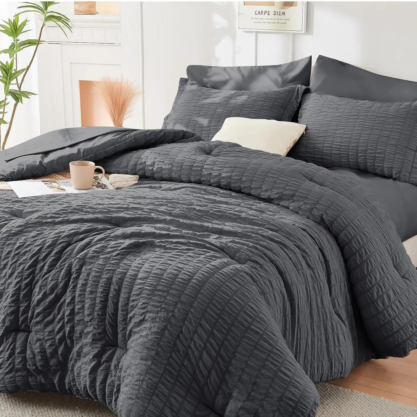 HYMOKEGE Queen Comforter Set Seersucker 7 Pieces, All Season Luxury Bed in a Bag for Bedroom, Bedding Set with Comforters, Sheets, Pillowcases &amp; Shams, Dark Grey OEKO-TEX STANDARD 100