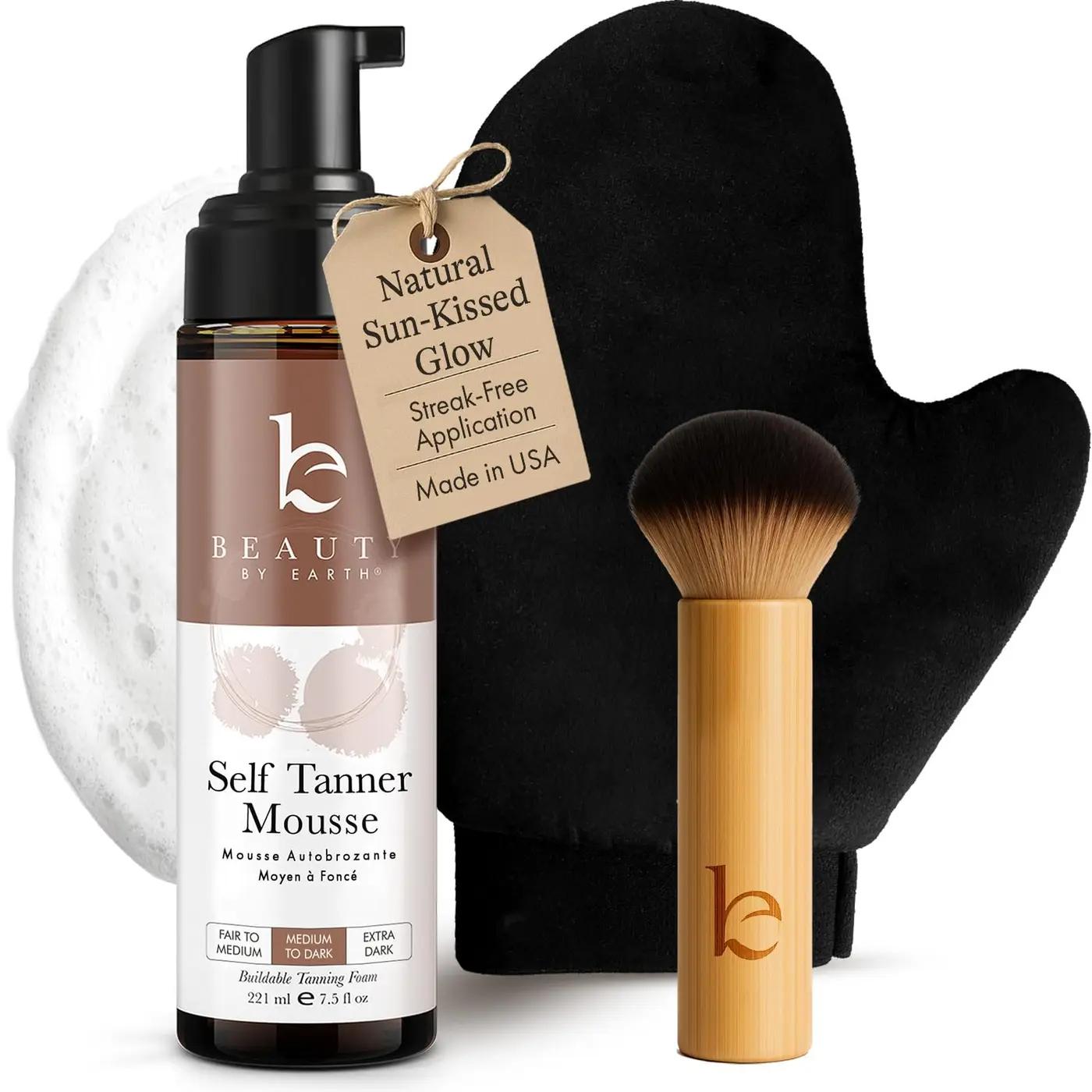 Self Tanner Tanning Mousse Kit - USA Made with Natural &amp; Organic Ingredients, Tan Kit with Kabuki Brush &amp; Mitt, Tanning Foam for Fake Tan, Non Toxic Sunless Tanner, Self Tanners Best Sellers