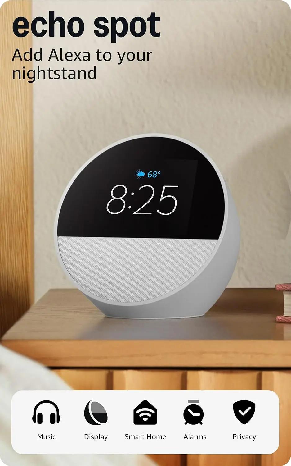 Amazon Echo Spot (newest model), Great for nightstands, offices and kitchens, Smart alarm clock, Designed for Alexa+, Glacier White Reducing CO2