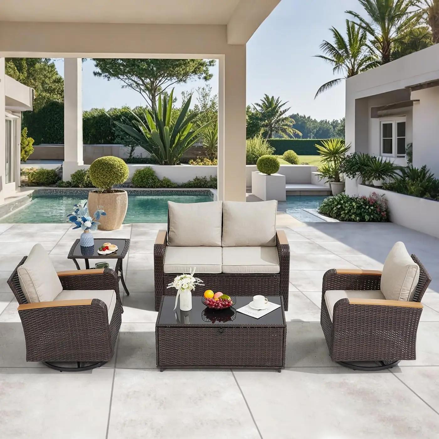 5 Pieces Outdoor Furniture Set with Swivel Chairs, Patio Wicker Patio Furniture Sets for Porch Deck Bistro Lawn Garden Backyard Poolside-Khaki