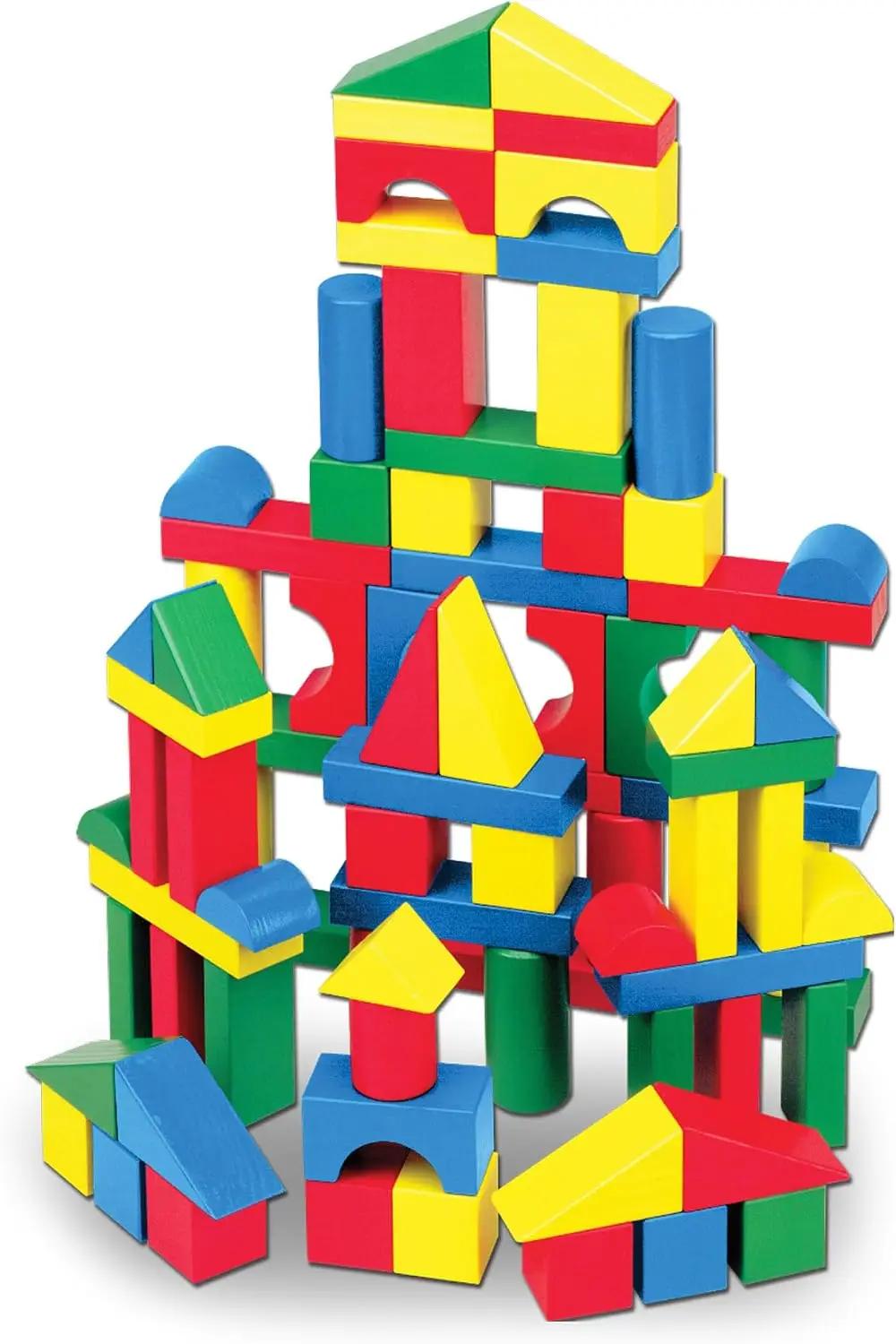 Melissa &amp; Doug Wooden Building Blocks, 100-Piece Set of Sorting &amp; Stacking Toys in 4 Colors and 9 Shapes, Classic Toddler Toys for Girls &amp; Boys Ages 2+ - FSC Certified