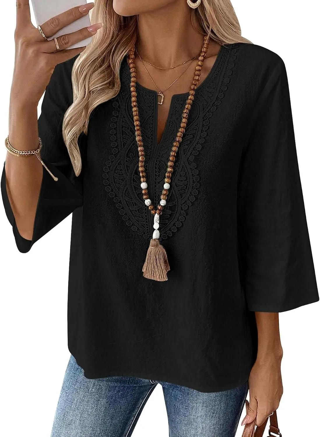 LOMON Womens 3/4 Sleeve Tops Cotton Linen Shirts V Neck Lace Casual Loose Fit Blouses Boho Fashion ISCC PLUS
