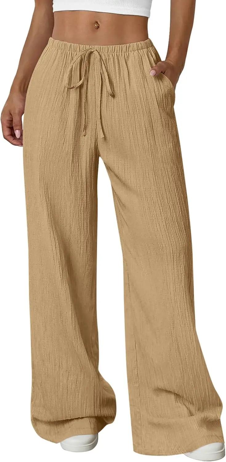 PRETTYGARDEN Womens Palazzo Pants Summer Fashion 2026 High Waisted Wide Leg Drawstring Flowy Beach Trousers with Pockets OEKO-TEX STANDARD 100