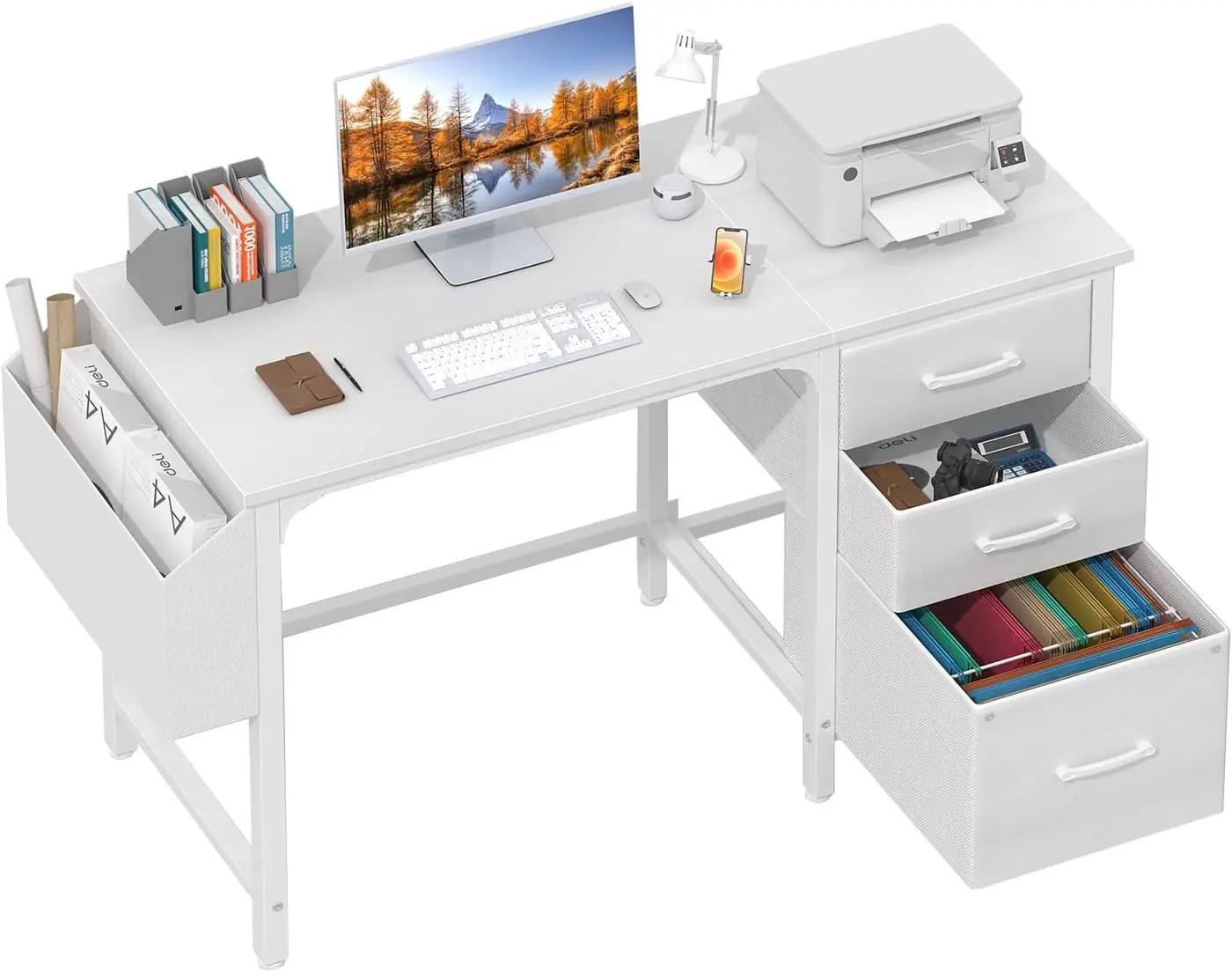 Lufeiya White Desk with File Drawers Cabinet, 47 Inch Reversible Computer Desk with Fabric Filing Cabinet for Bedroom Small Space Home Office, Modern Writing Table PC Desks, White The Forest Stewardship Council