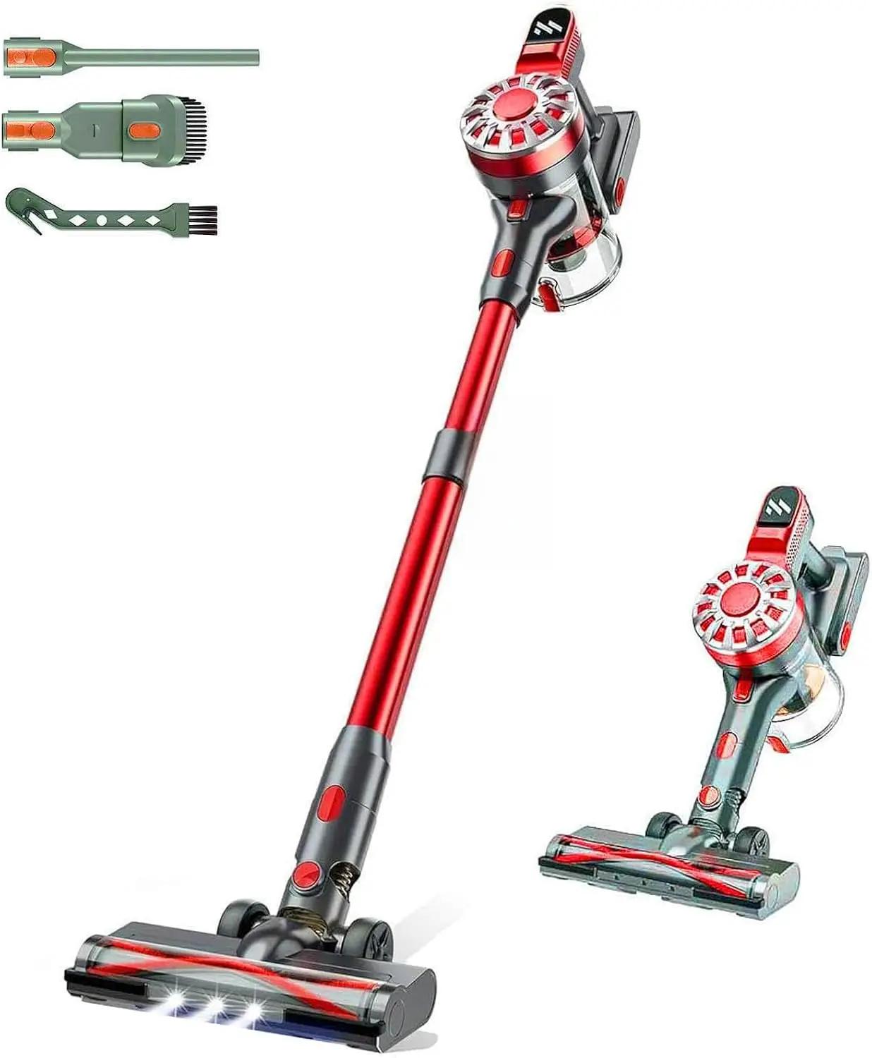 WLOTPO Vacuum Cleaners for Home,Cordless Vacuum Cleaner,Lightweight Stick Vacuum Cordless Rechargeable,Self-Standing Design,LED Touch Screen,Vacuum for Hardwood Floors,Carpet,Pet Hair(Dark Red)