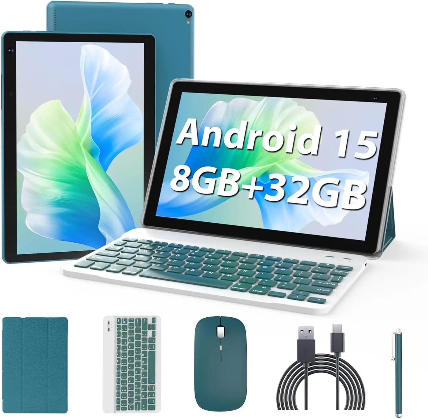 Android 15 Tablet 10 inch, 2 in 1 Tablets with Keyboard Case Mouse Stylus, 8GB RAM 32GB ROM 1TB Expand, Quad Core Processor Tablet, WiFi, BT, 1280x800 HD Screen, 6000mAh, Dual Camera, GMS, Widevine L1