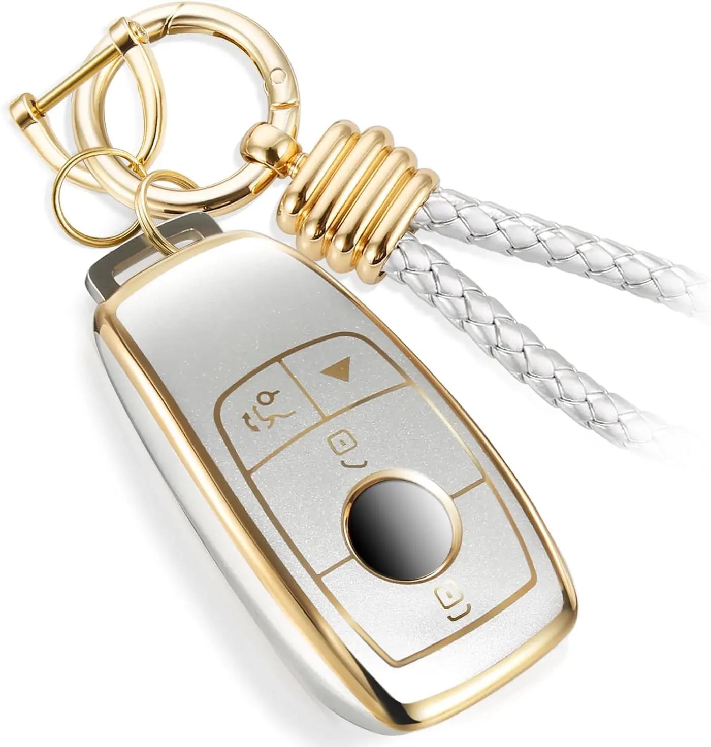 for Mercedes Key Fob Cover with Upgraded Anti-lost Luxury Keychains, Fashionable Matte Metallic Silver Soft Case for Benz A C E G S CLA GLA GT SLC SLS E43 (Gold, B2)