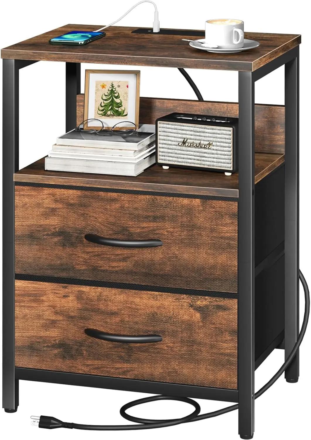 Yoobure Nightstand with Charging Station, Small Night Stand with Fabric Drawers and Storage Shelf for Bedrooms, Small Spaces, Bedside Table with USB Ports &amp; Outlets