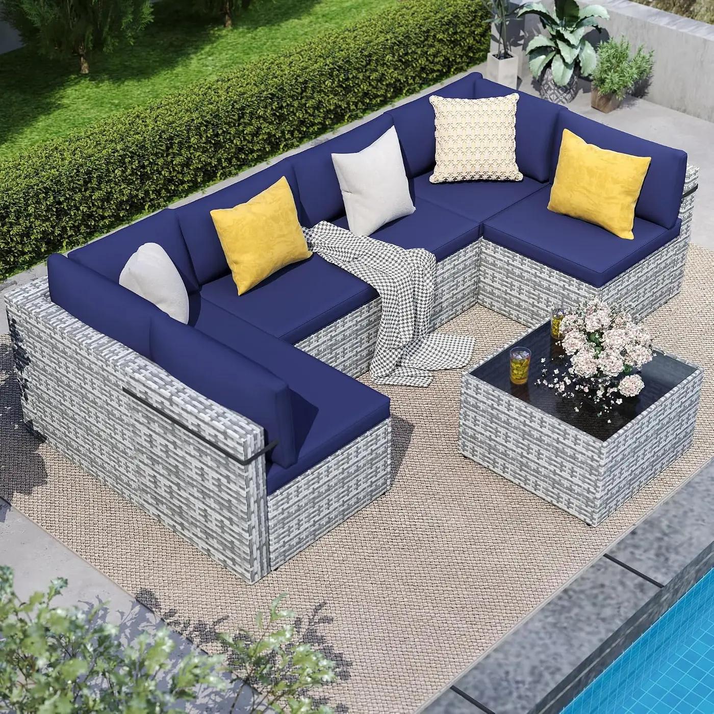 7-Piece Outdoor Sectional Sofa Set, Weather-Resistant Patio Furniture Set with Washable Cushions and Coffee Table, Grey Rattan Patio Conversation Set for Poolside, Backyard, Deck (Navy Blue)