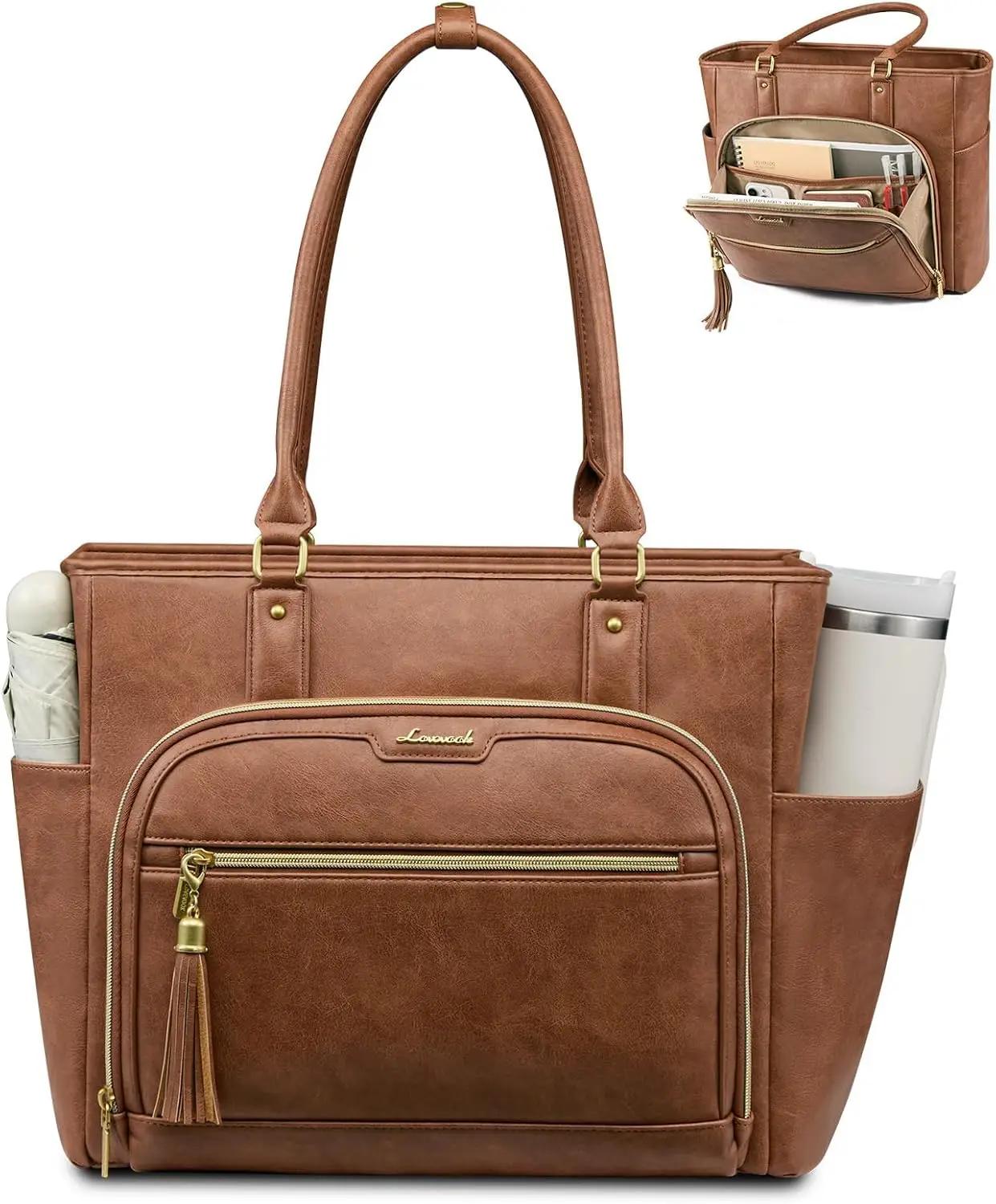 LOVEVOOK LOVEVOOK Laptop Tote Bag for Women Work, Vintage Leather Teacher Nurse Bag with Large Cup Holder, Bible Handbag Purse GIfs, Waterproof Professional Computer Briefcase for Business Office, 17 Inch