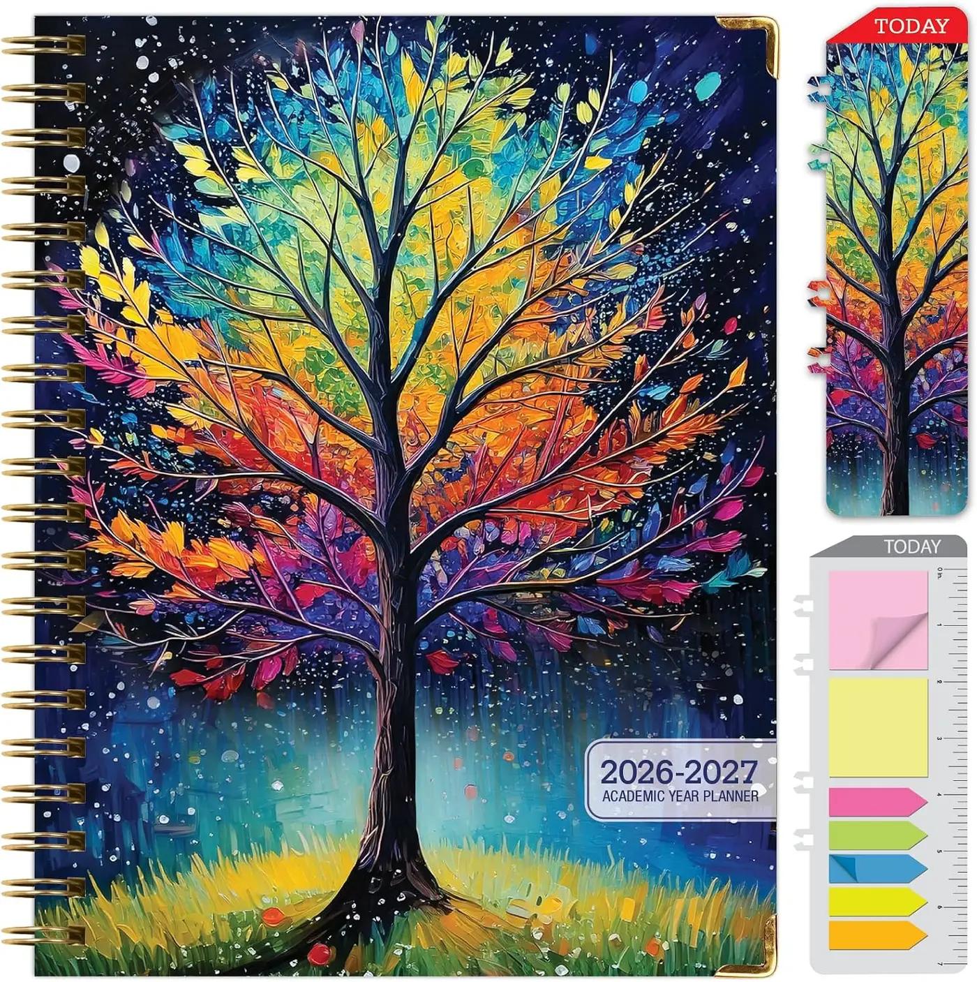 HARDCOVER Academic Year 2026-2027 Planner: 14 Months (May 2026 Through June 2027) 8.5"x 11" Daily Weekly Monthly Planner Yearly Agenda. Bookmark, Pocket Folder and Sticky Note Set (Black Tree Seasons)