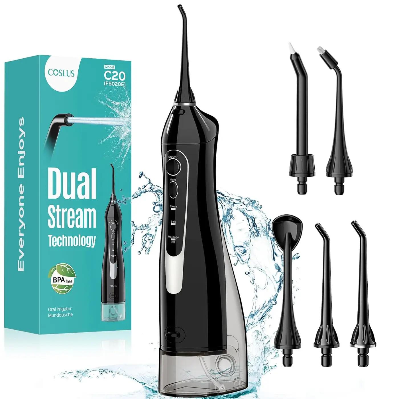 COSLUS Water Dental Flosser Teeth Pick C20: Portable Cordless Oral Irrigator 300ML Rechargeable Travel Irrigation Cleaner IPX7 Waterproof Electric Flossing Machine for Teeth Cleaning Global Recycled Standard