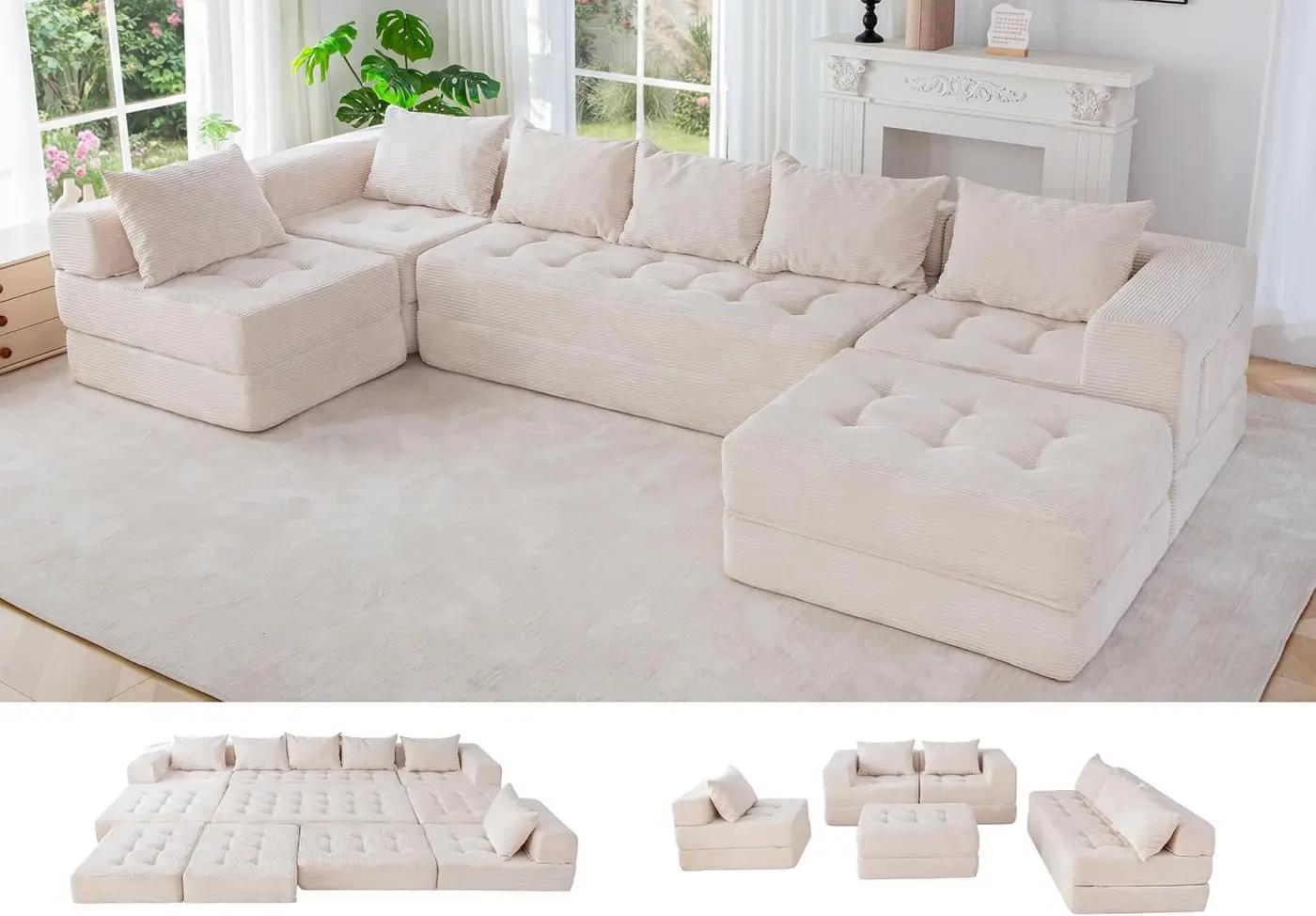 MAXYOYO Modular Sectional Sofa Couch, Foldable U Shaped Cloud Couch with Pillows, Tufted 7-Seat Boneless Sleeper Lounger Floor Sofa Bed for Living Room, No Assembly Required, Beige