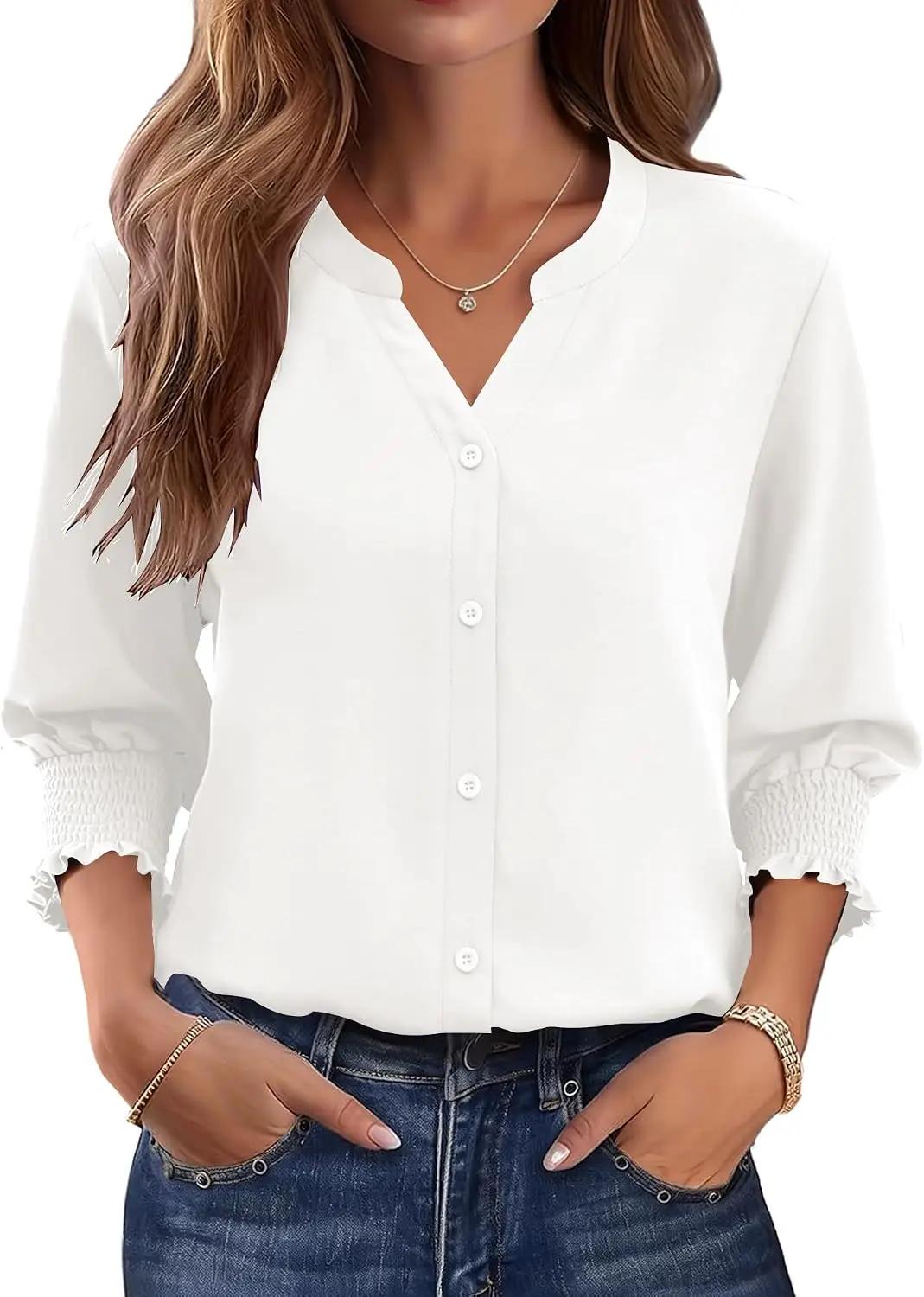 LOMON Button Down Shirts for Women 3/4 Length Sleeve Business Casual Blouses 2026 Summer Tops ISCC PLUS