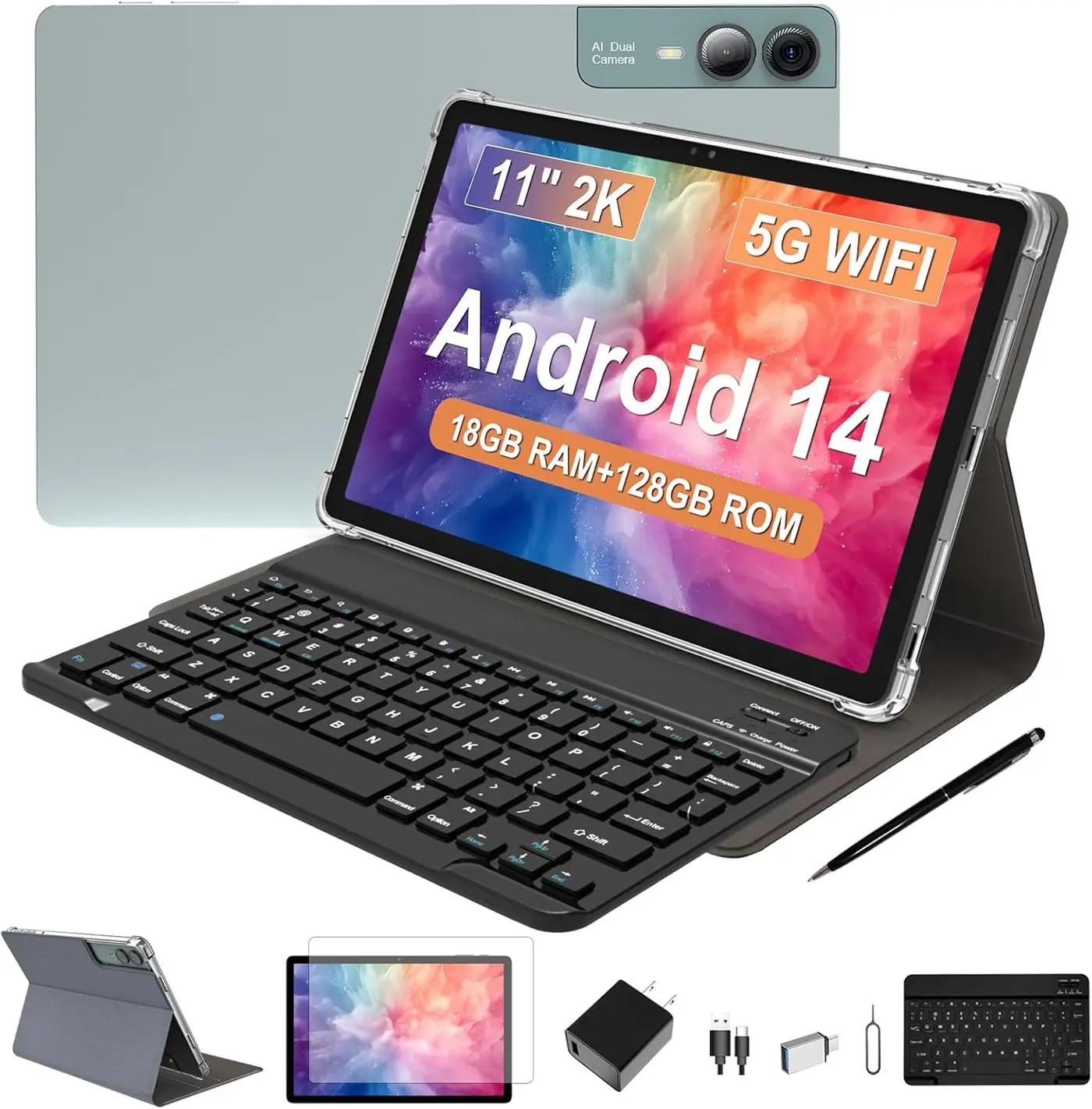 2026 Latest 11 inch Android Tablet, 18GB RAM, 128GB ROM, 1TB Expand, 2K Display, T616 Octa-Core, 5G WiFi, 13MP+5MP+5MP Camera, GPS, 9000mAh, Tablet with Case/Keyboard/Pen, Quad Speakers