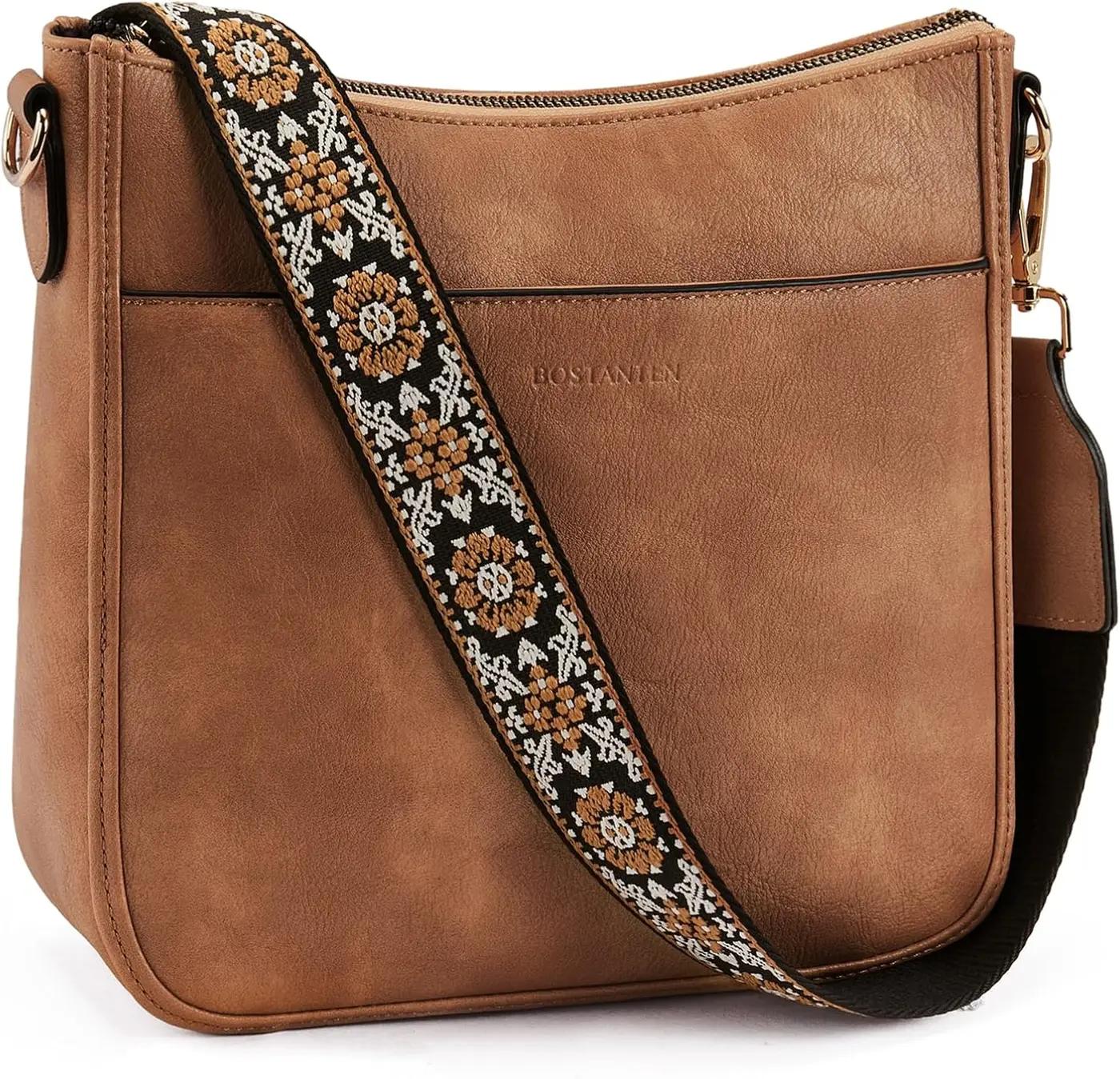BOSTANTEN Crossbody Bags for Women Trendy Vegan Leather Hobo Purses Shoulder Handbags Wide Shoulder Strap Global Recycled Standard