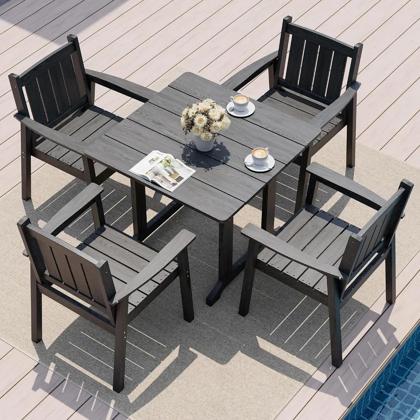 Pamapic 5 PCS Outdoor Dining Set, Spacious HDPE Outdoor Table and Chairs, Wood Grain Patio Furniture Sets with Elegant Armrest, All-Weather Patio Dining Table with Umbrella Hole, Gray