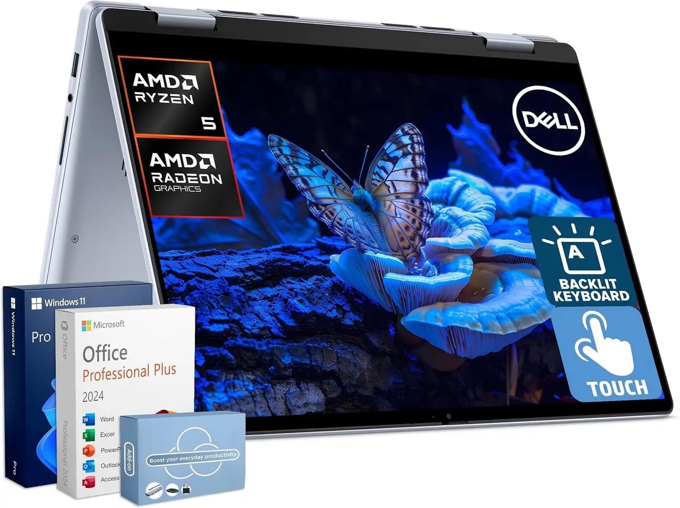 Dell Inspiron 14 2-in-1 Laptop for 2026 Business, Lifetime Office, Al Copilot, 14” FHD+ Touchscreen, AMD Ryzen 5, 16GB RAM, 1TB Storage (512GB SSD+500GB Ext), FP, Backlit KB, MarxsolAddon, Win 11 Pro