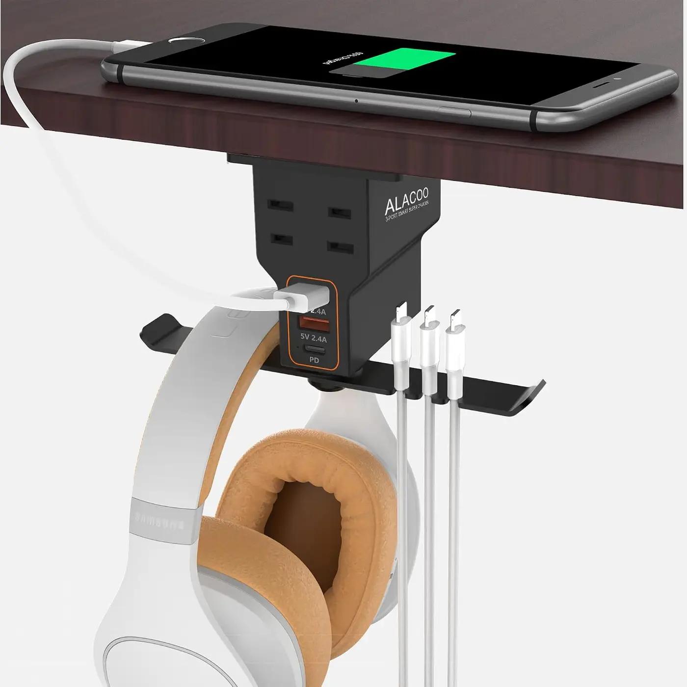 Gaming Headphone Stand with Charging Station - Aluminum Hooks Headphone Holder, Under Desk Headset Stand, 3 USB &amp; AC Outlet, Surge Protector &amp; Cable Organizer, Gift for Girl/Men